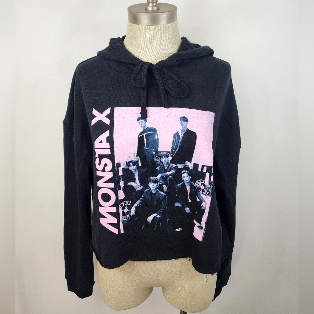 Monsta X Black Cropped Hoodie Graphic Band Sweatshirt Size Small